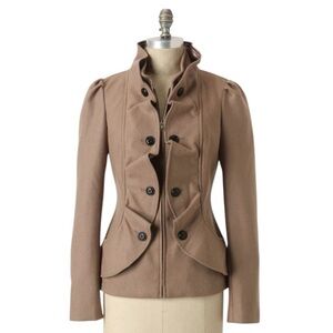 Anthropologie IDRA Wool Jacket Camel Brown Ruffle Button Short Trench Cropped 10